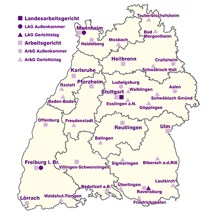 Gebietskarte des Landes Baden-Württemberg mit allen Gerichtsstandorten der Arbeitsgerichtsbarkeit